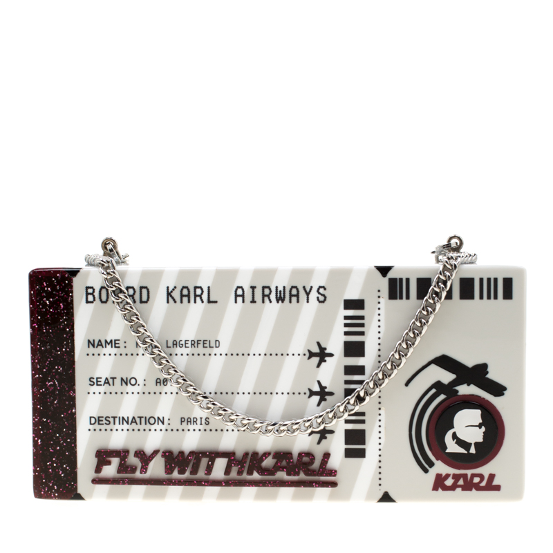 Karl Lagerfeld Silver Glitter Acrylic Jet Boarding Pass Minaudere Clutch