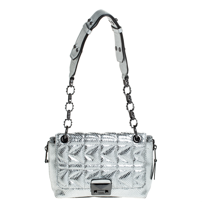 Karl Lagerfeld Metallic Silver Quilted Leather Flap Shoulder Bag