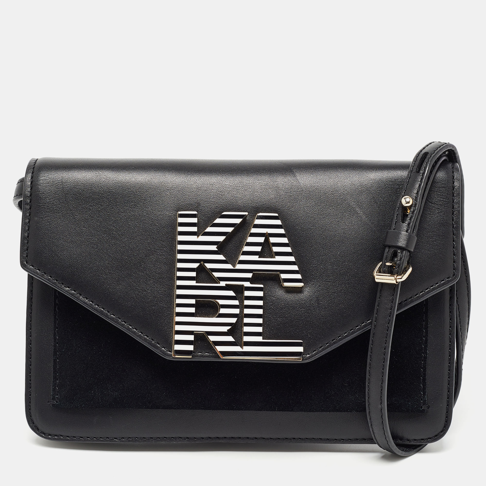 Pre-owned Karl Lagerfeld Black Leather Logo Envelope Flap Shoulder Bag