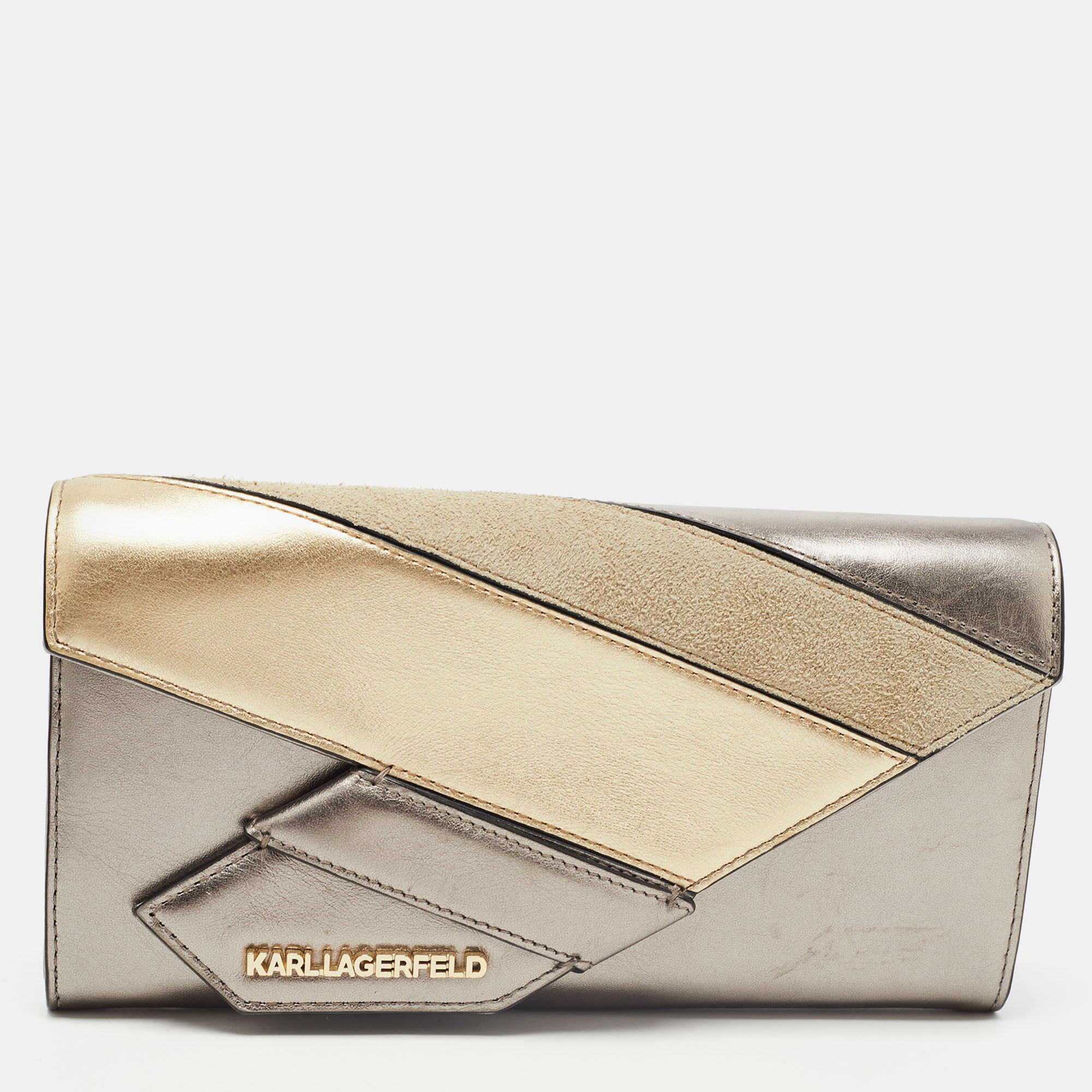 Pre-owned Karl Lagerfeld Metallic/gold Glossy Leather And Suede K/thunder Continental Wallet