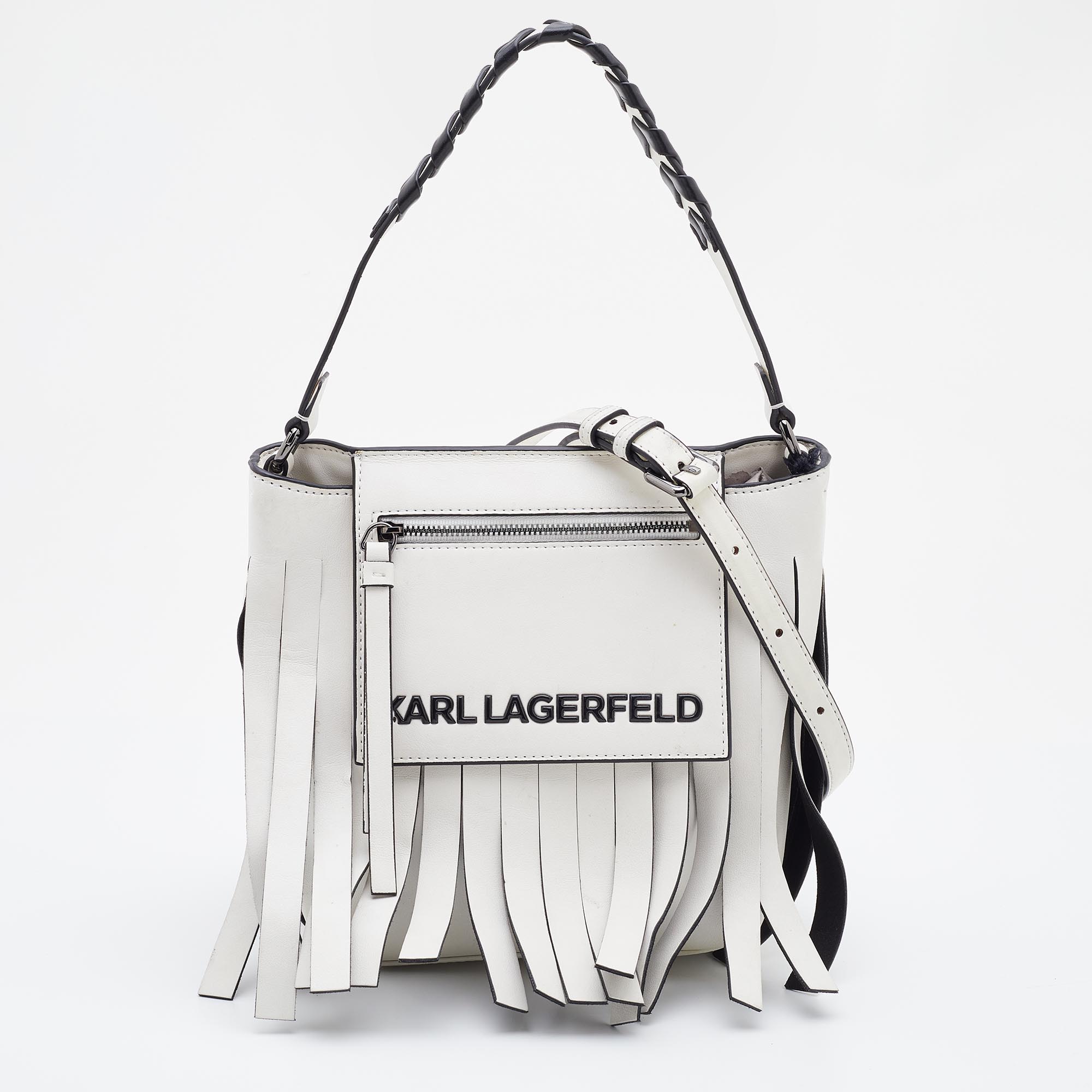 Pre-owned Karl Lagerfeld White/black Faux Leather K/fringe Hobo