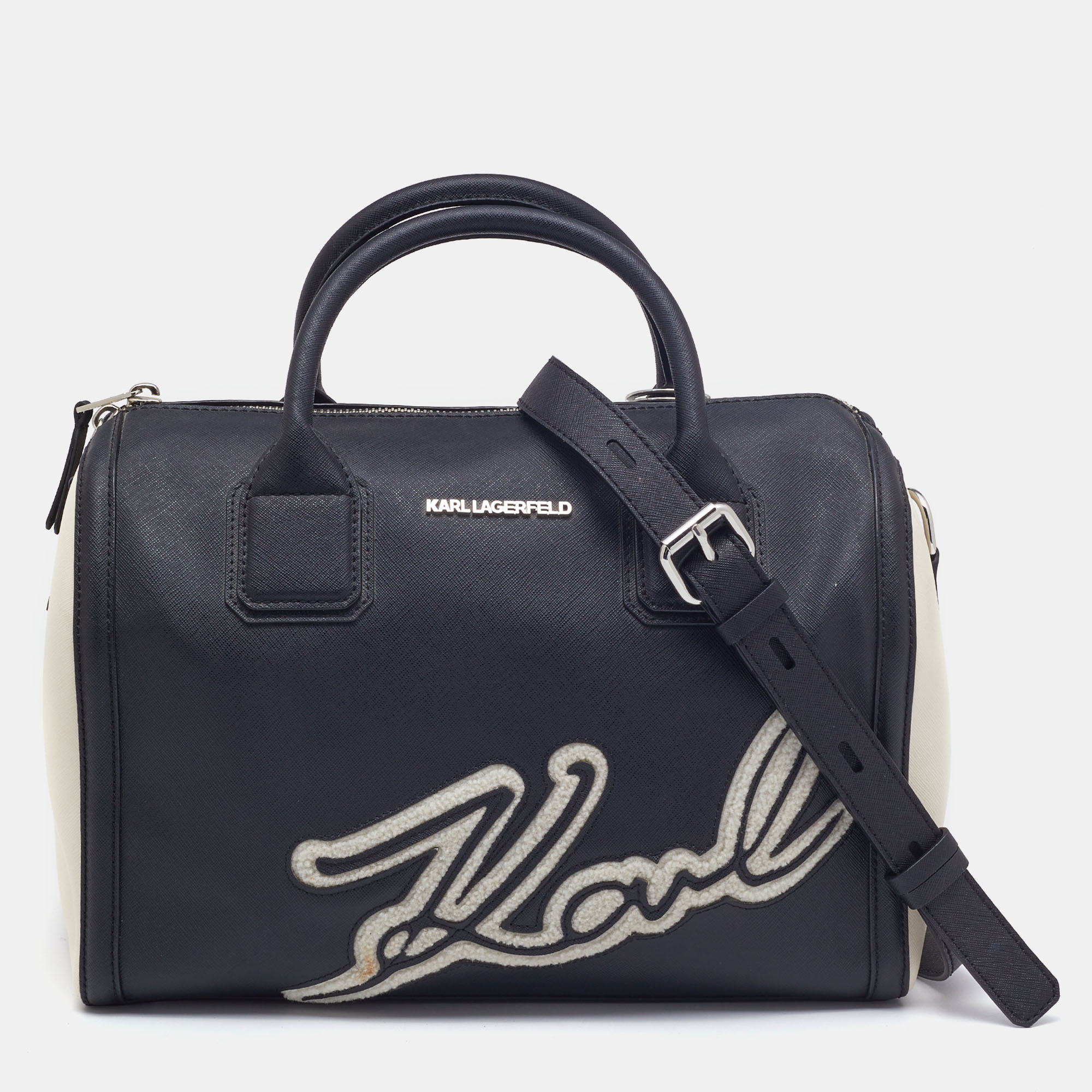 

Karl Lagerfeld Black/White Saffiano Leather Logo Boston Bag