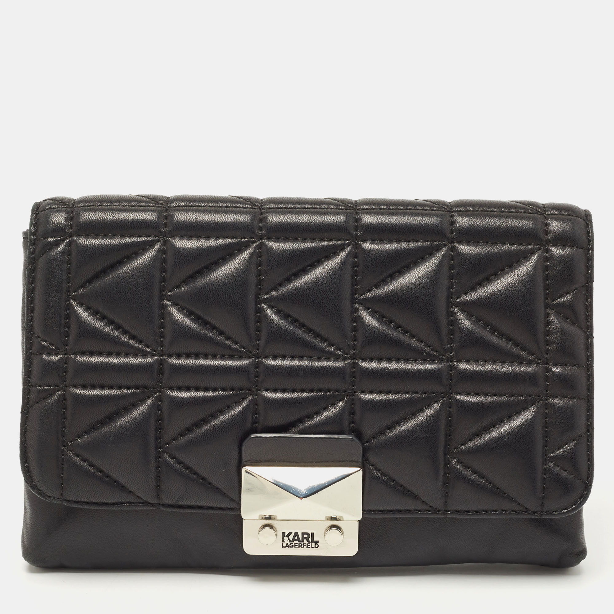 

Karl Lagerfeld Black Quilted Leather Pushlock Flap Clutch