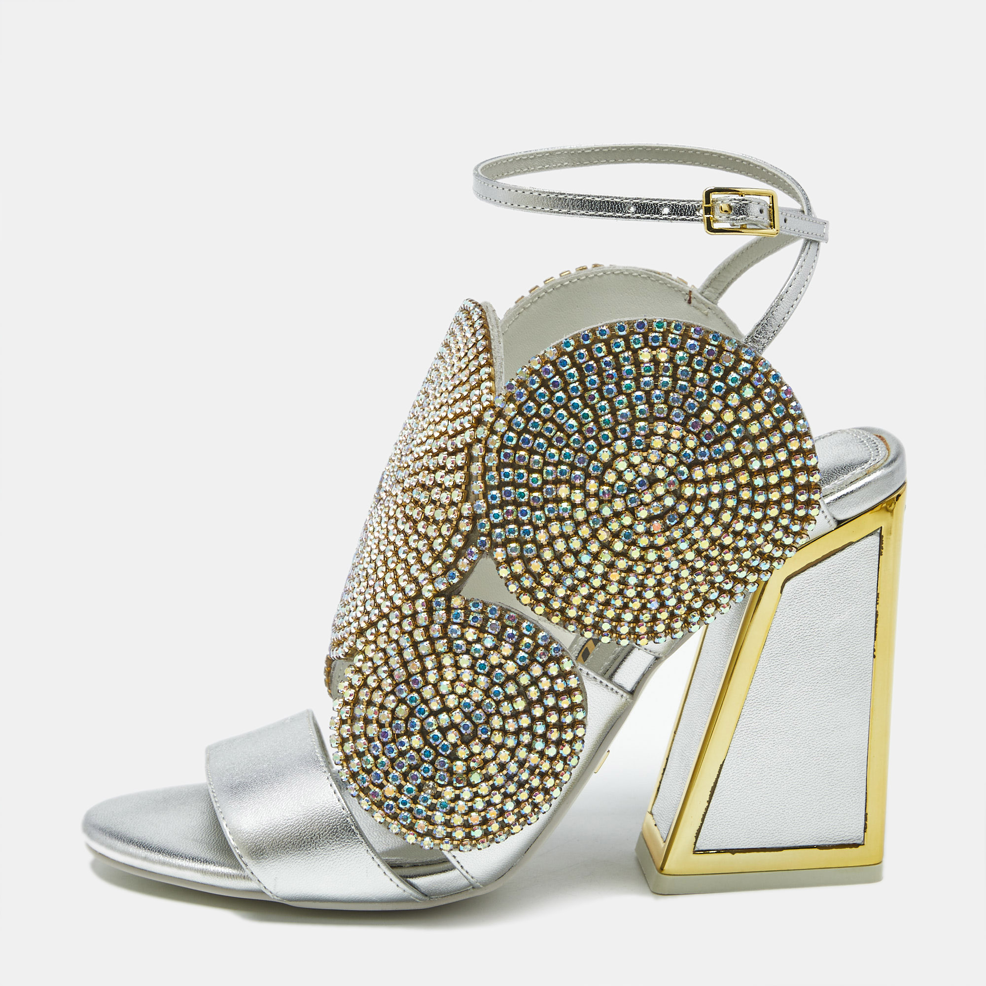 

Kat Maconie Silver Leather Frida Crystals Slingback Sandals Size