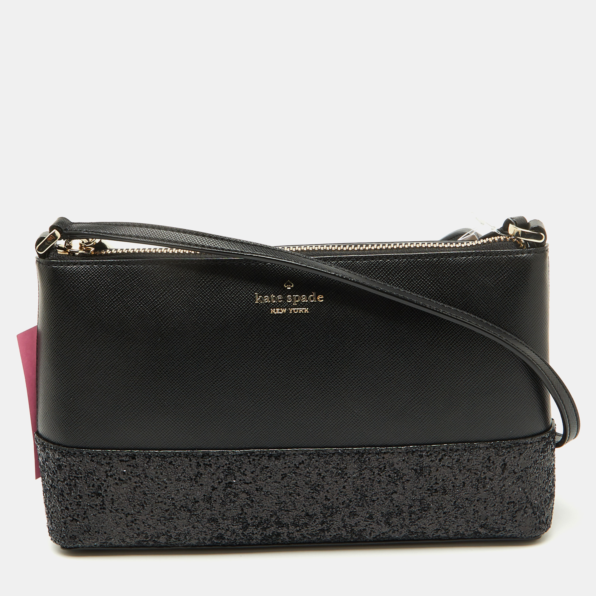 

Kate Spade Black Glitter and Leather Ramey Greta Court Crossbody Bag