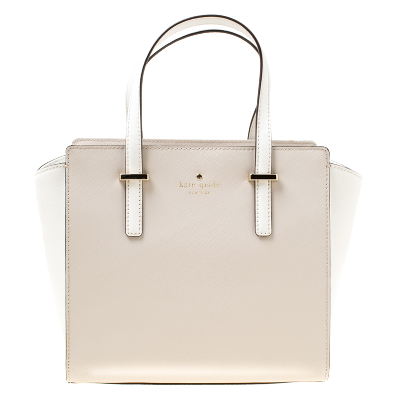 Kate Spade Beige/White Leather Small Cedar Street Hayden Top Handle Bag