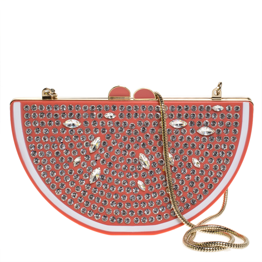 Preowned Kate Spade Coral Crystal Embellished Resin Flights Of Fancy Grapefruit Slice Clutch In