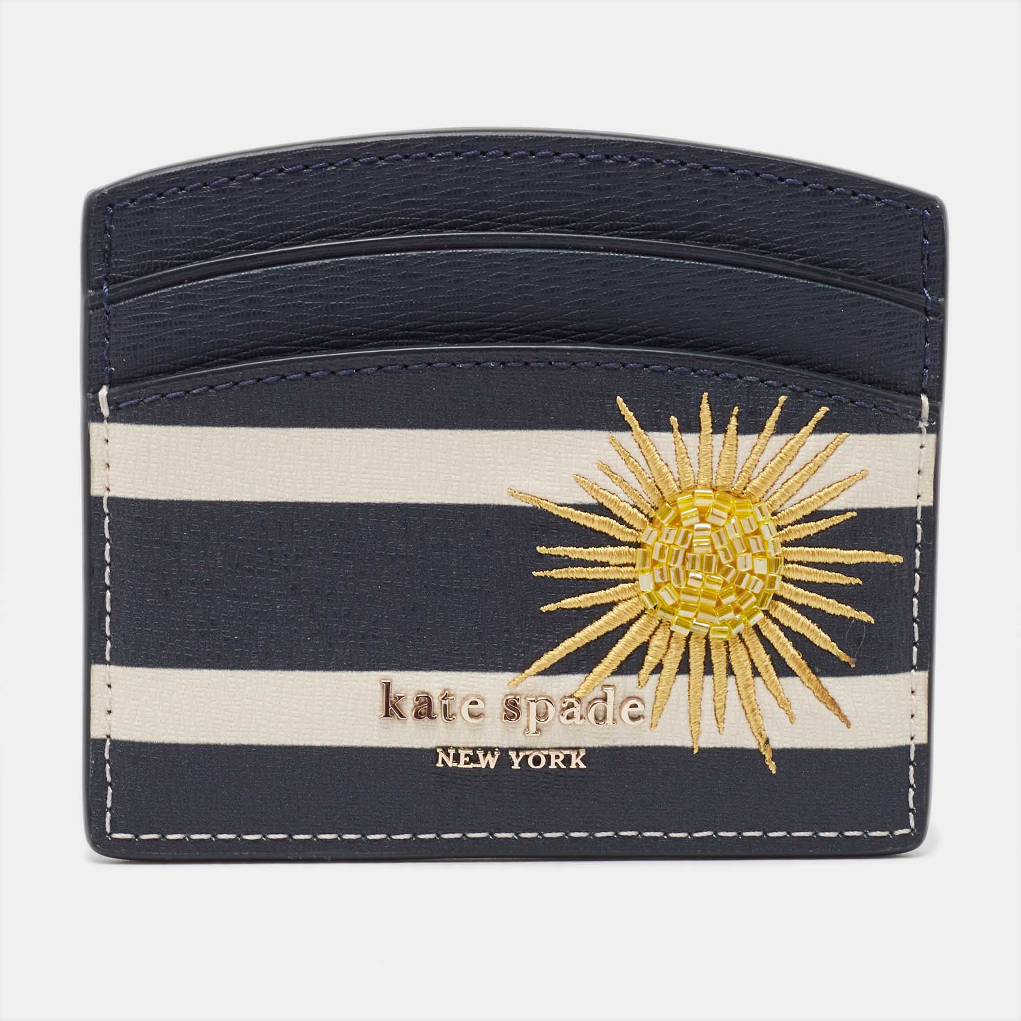Pre-owned Kate Spade Navy Blue/white Stripe Leather Sunkissed Embellished Card Holder