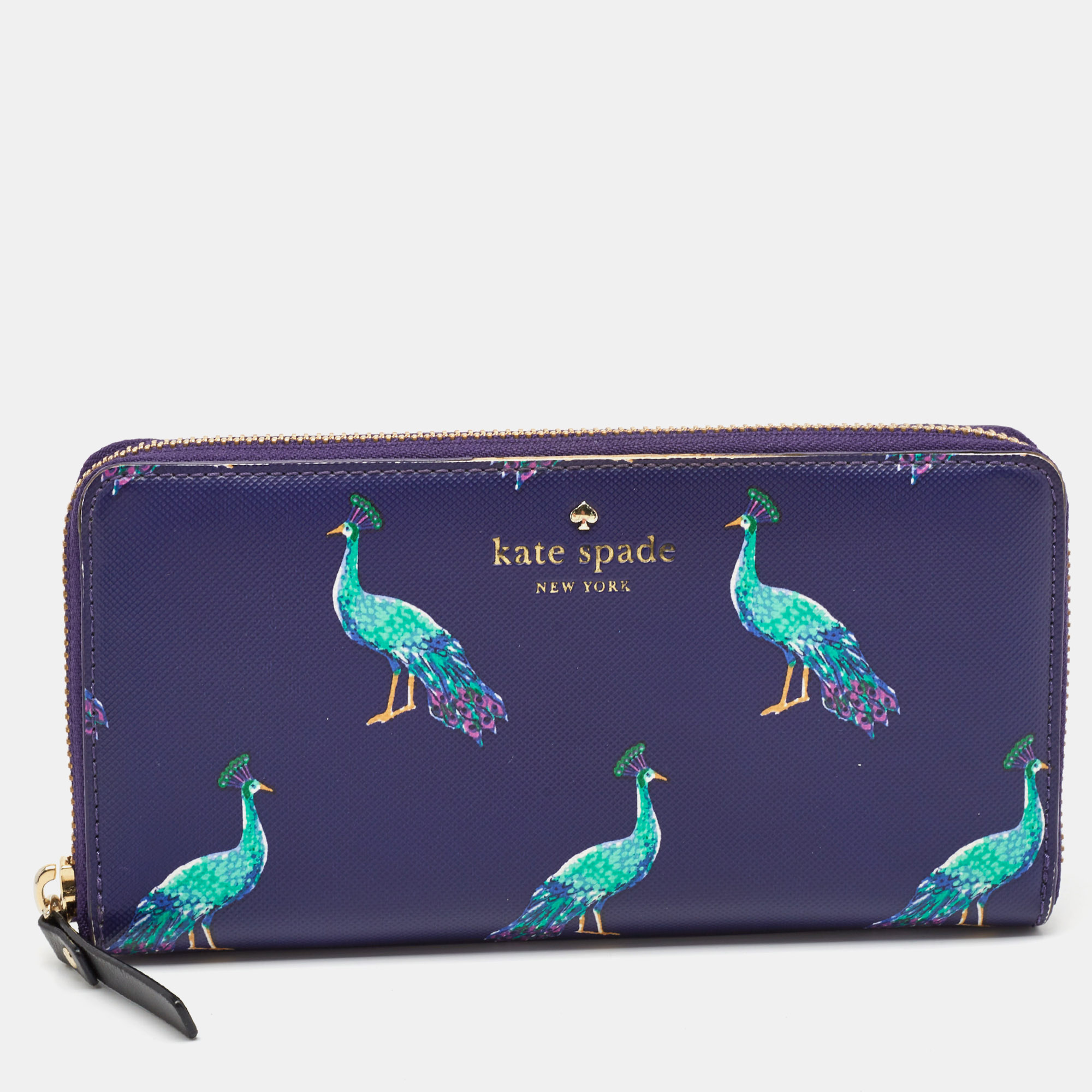 

Kate Spade Purple Leather Peacock Print Zip Continental Wallet