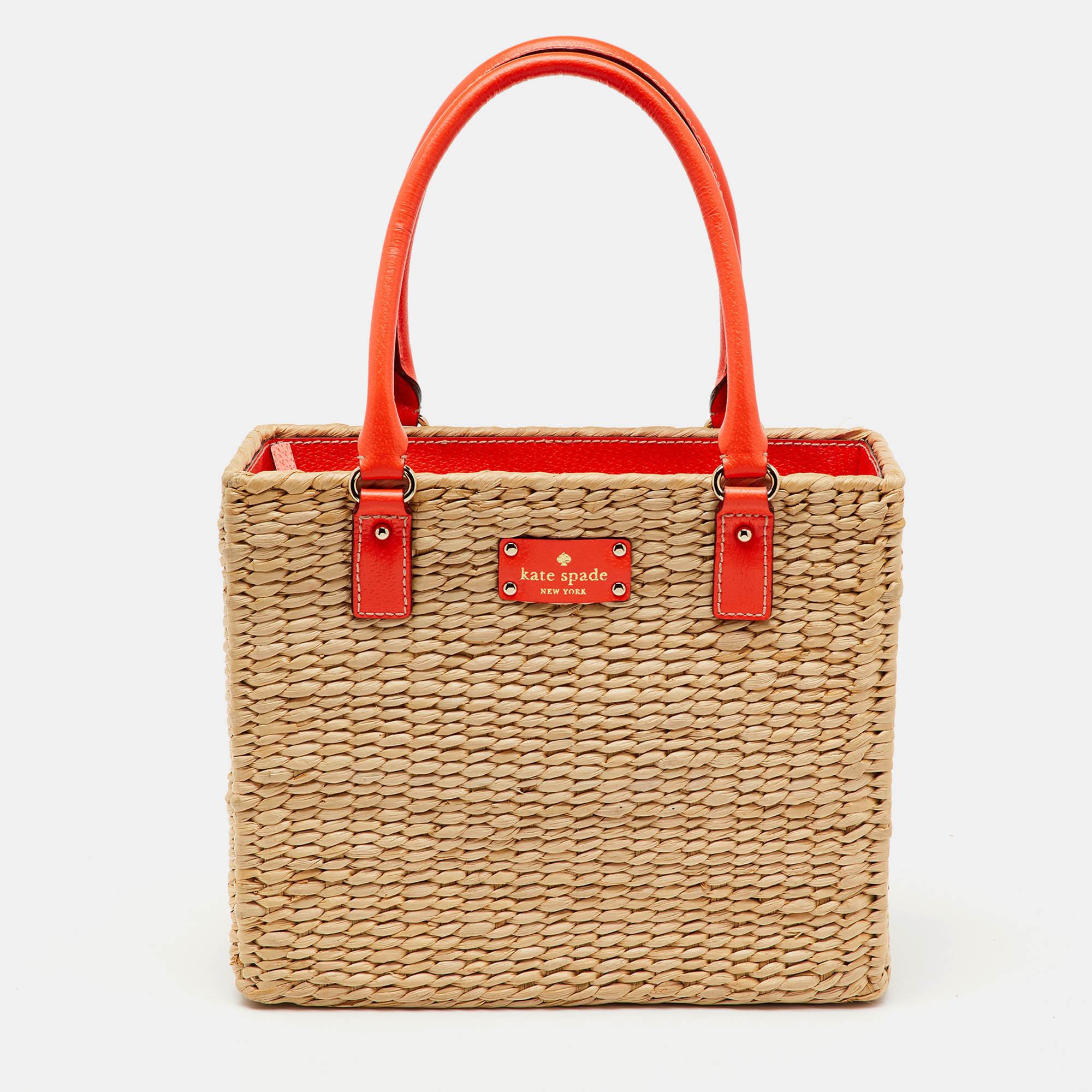 

Kate Spade Beige/Neon Orange Wicker and Leather Basket Tote