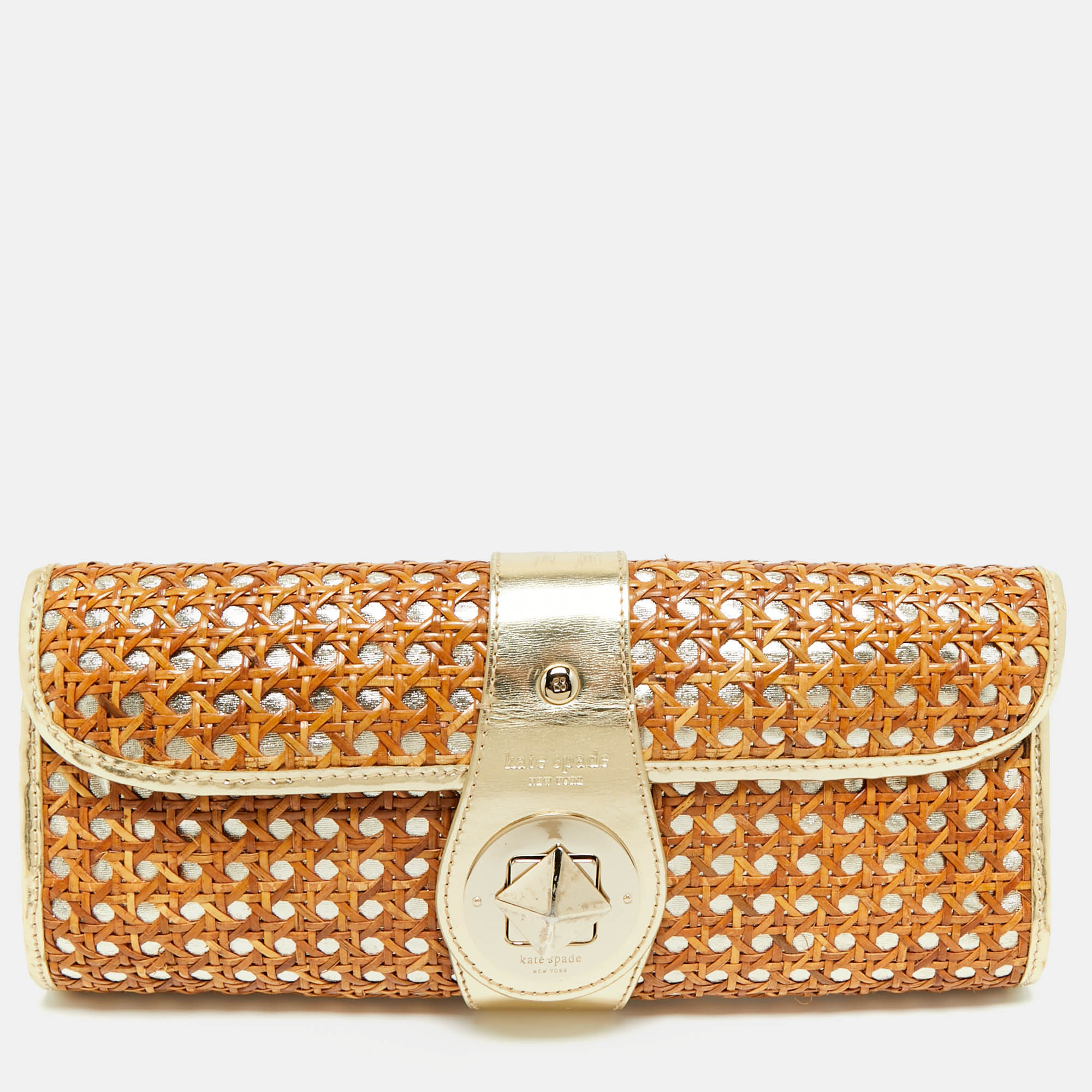 Pre-owned Kate Spade Gold/brown Rattan And Rattan Turnlock Flap Clutch