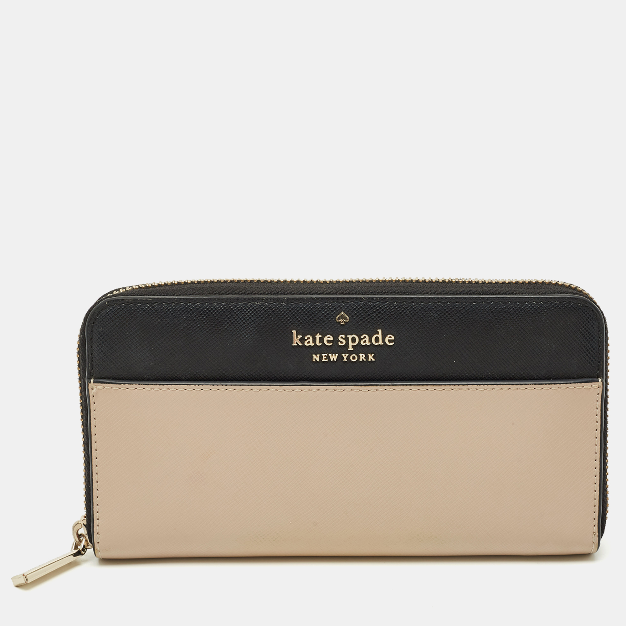 Pre-owned Kate Spade Beige/black Leather Staci Zip Around Wallet In Sand