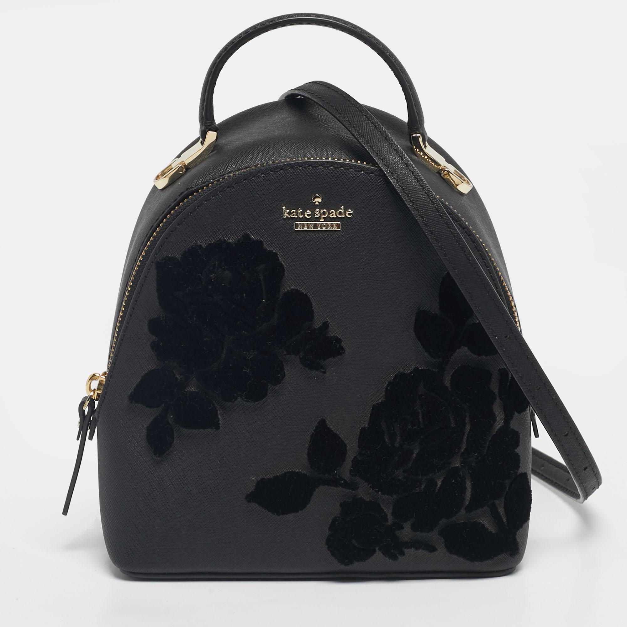 Pre-owned Kate Spade Black Leather Cameron Street Flock Roses Binx Backpack