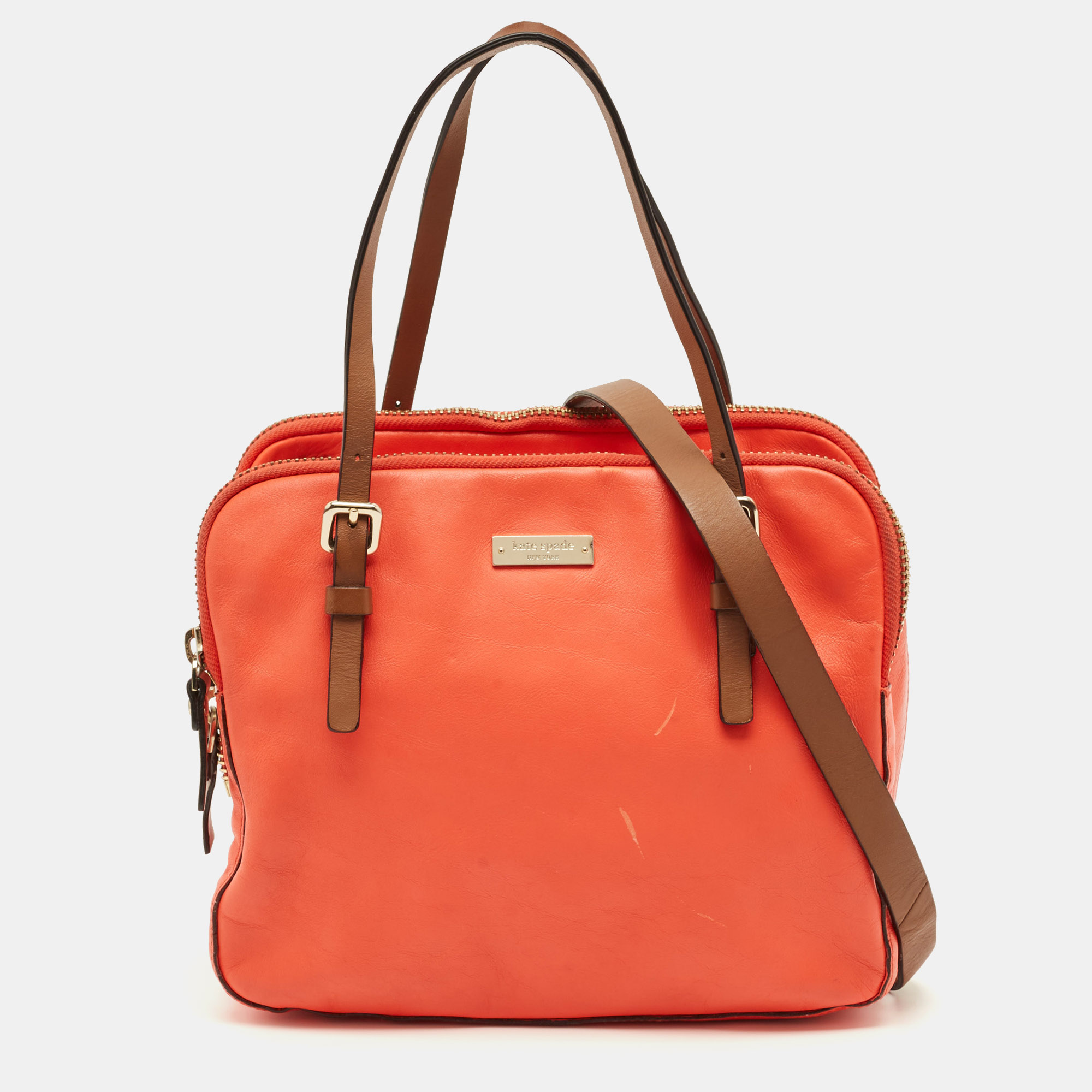 

Kate Spade Coral Red Leather Multi Zip Satchel