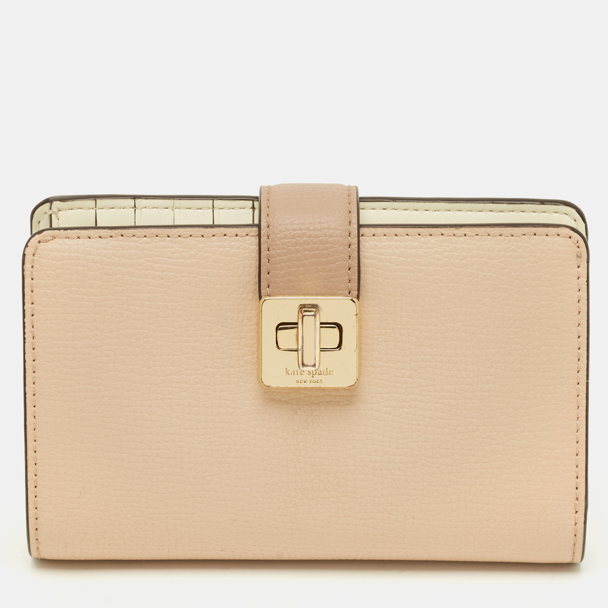 

Kate Spade Phoebe Turnlock Peach/White Leather Bifold Flap Wallet, Orange