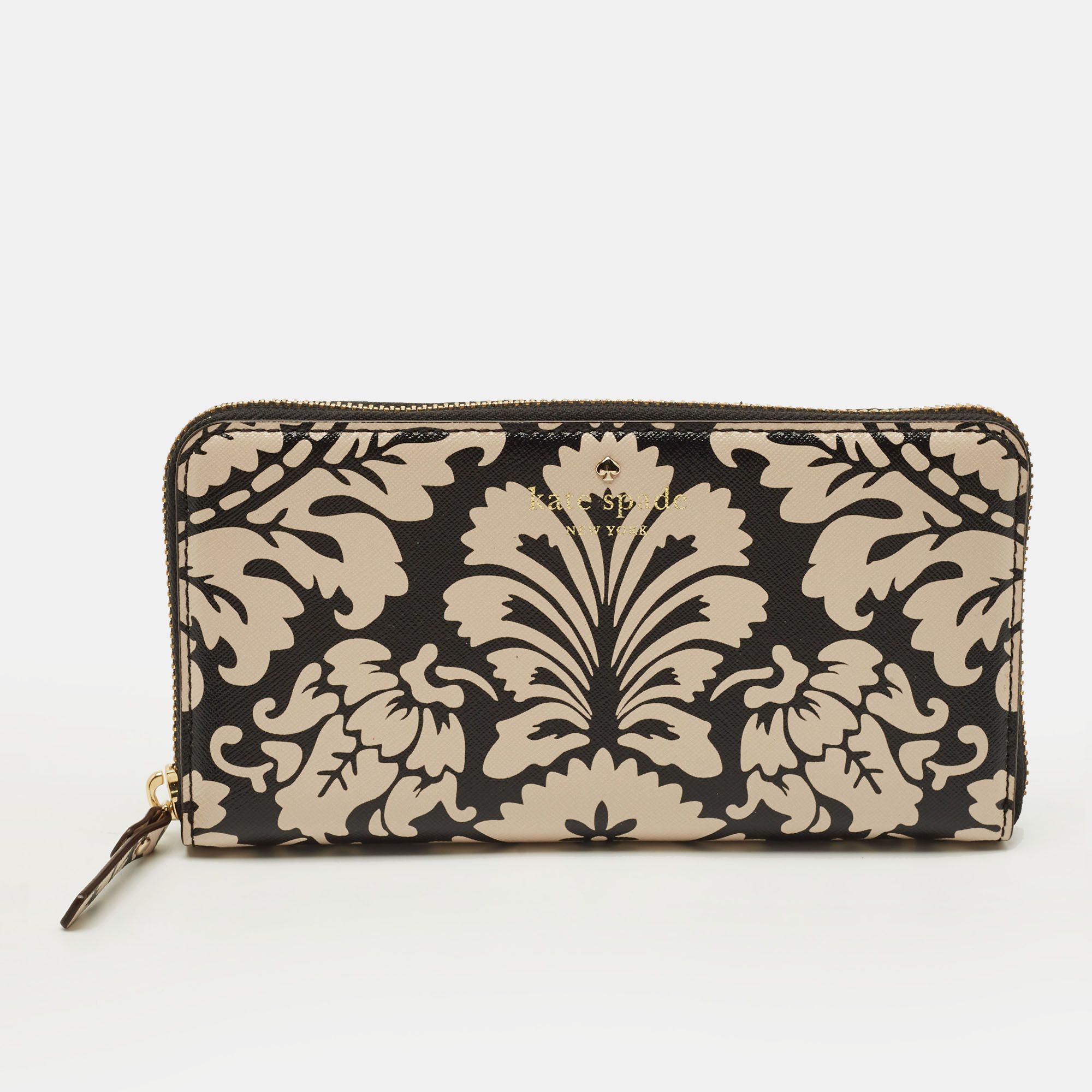 

Kate Spade Black/Beige Damask Print Leather Zip Around Continental Wallet