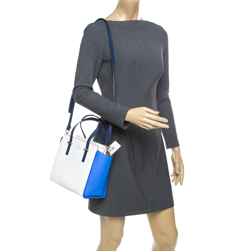 

Kate Spade White/Blue Leather Small Cedar Street Hayden Top Handle Bag