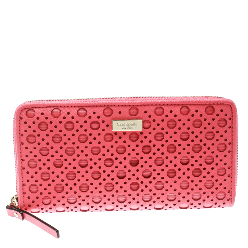 Pre Owned Kate Spade Pink Perforated Leather Newburry Lane Caning Zip Around Wallet