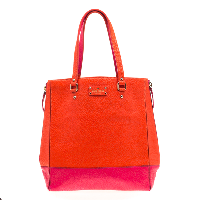 Kate Spade Orange Pink Leather Side Zip Tote