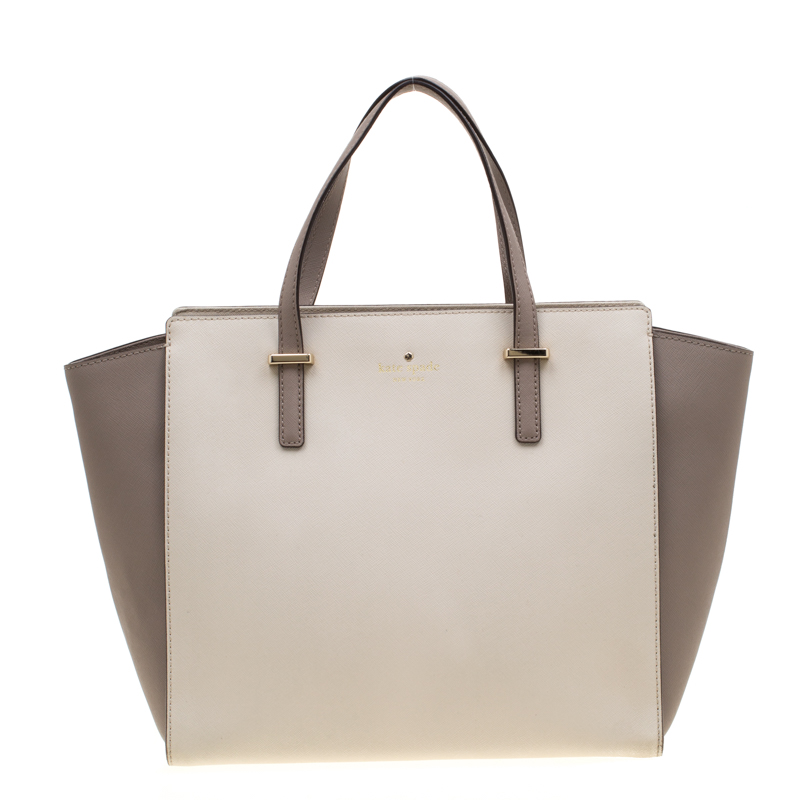 Pre Owned Kate Spade Grey/Off White Leather Cedar Street Hayden Tote