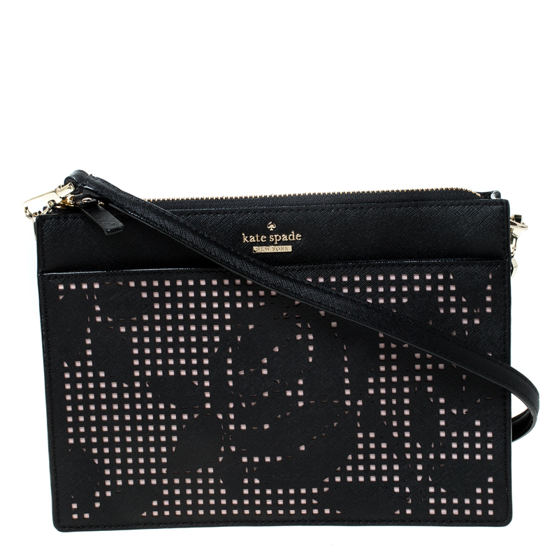 Pre Owned Kate Spade Black Lasercut Leather Clarise Crossbody Bag