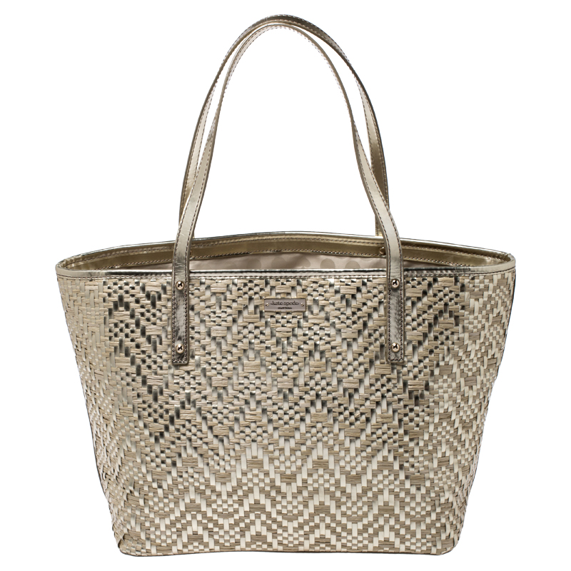 Pre Owned Kate Spade Beige/Gold Woven Raffia and Patent Leather Tote