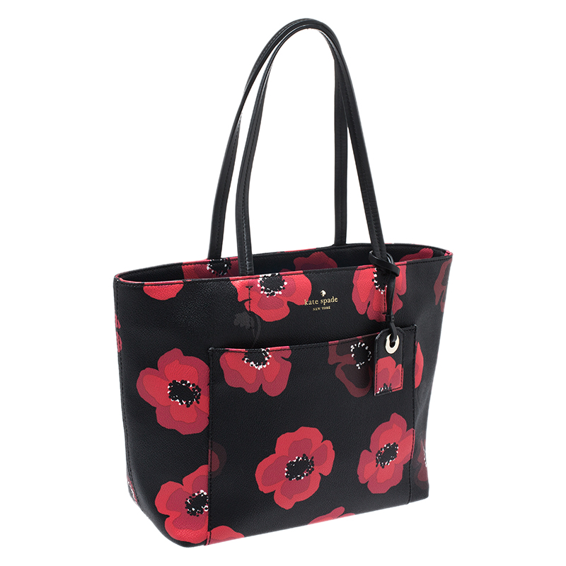 KATE SPADE XL Ellison Avenue Sidney Black Red Floral Print Leather Tote  Hand Bag