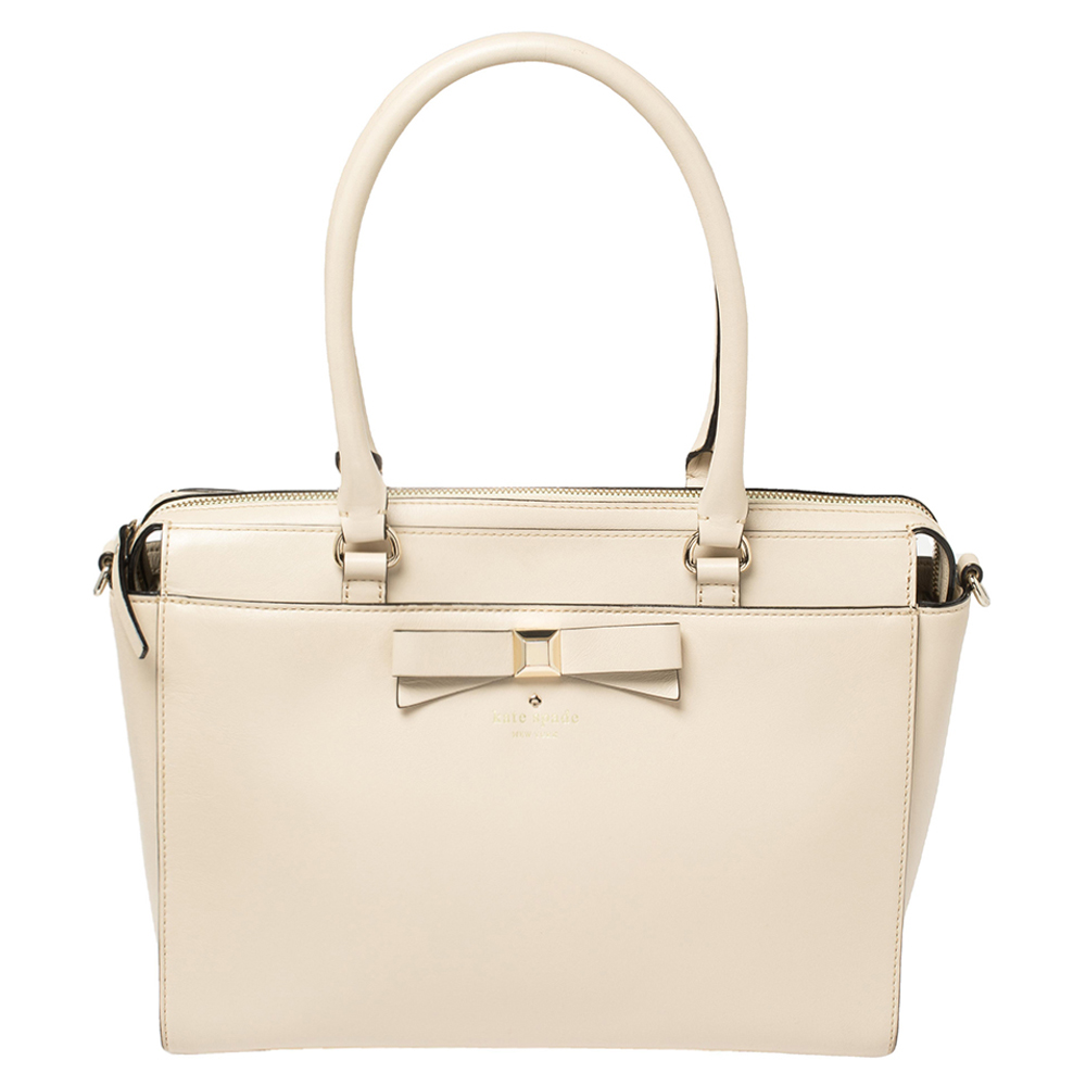Pre-owned Kate Spade Cream White Leather Beacon Court Jeanne Bow Satchel