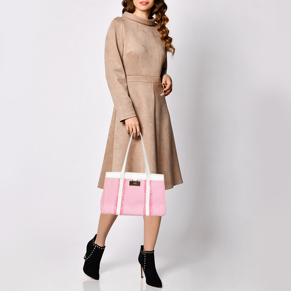 

Kate Spade Pink/White Canvas and Leather Metal Plate Tote