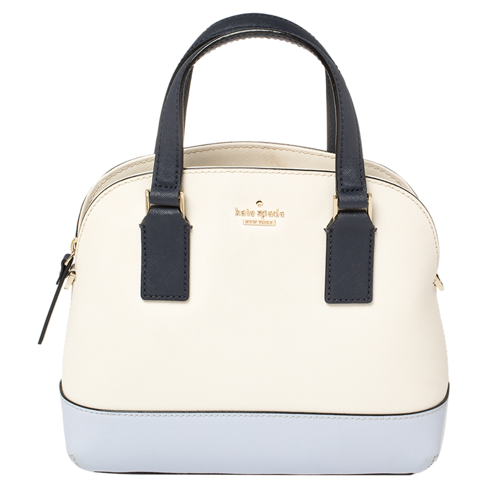 Pre-owned Kate Spade Two Tone Leather Small Lottie Satchel In Cream