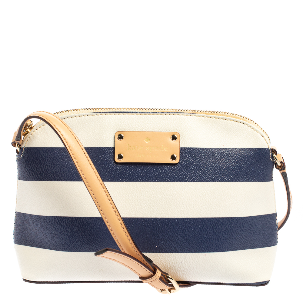 Kate Spade - White, Pink & Red Striped Pebbled Leather & Canvas Crossb –  Current Boutique