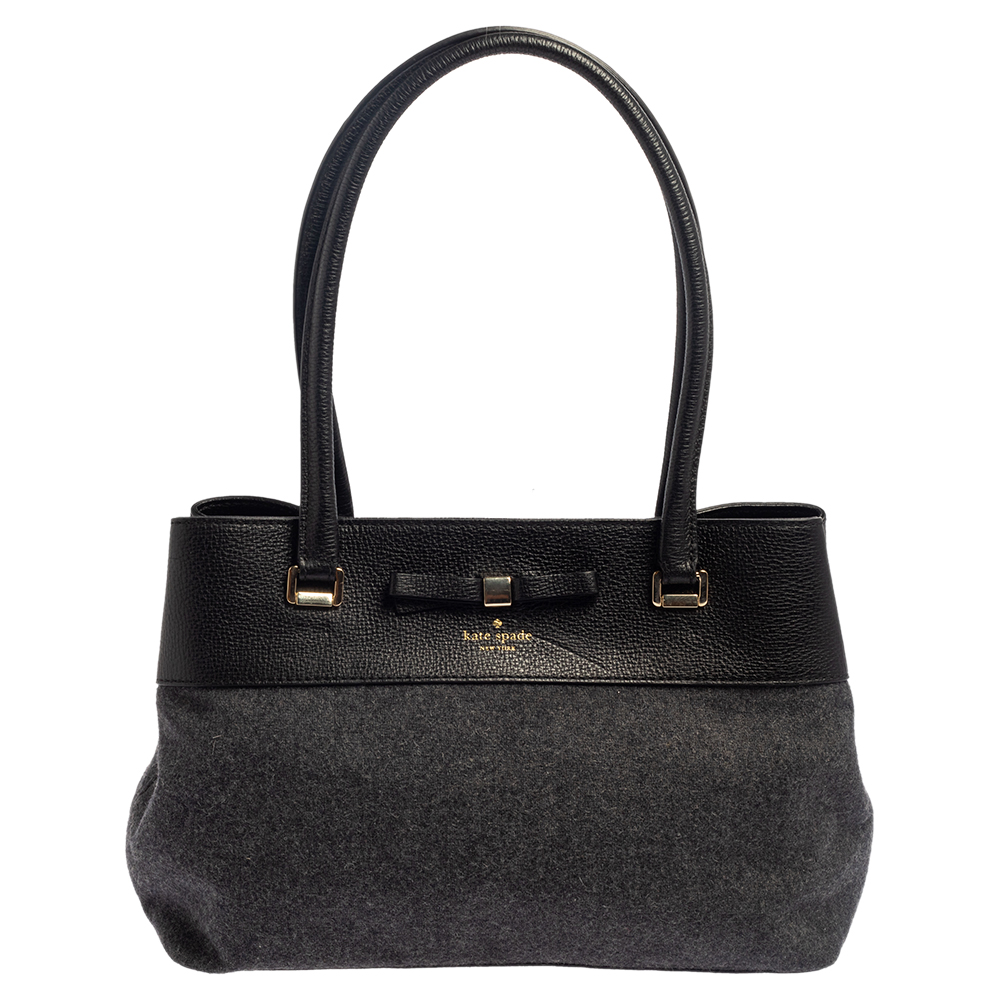 Pre-owned Kate Spade Grey/black Wool And Leather Henderson Street Tote