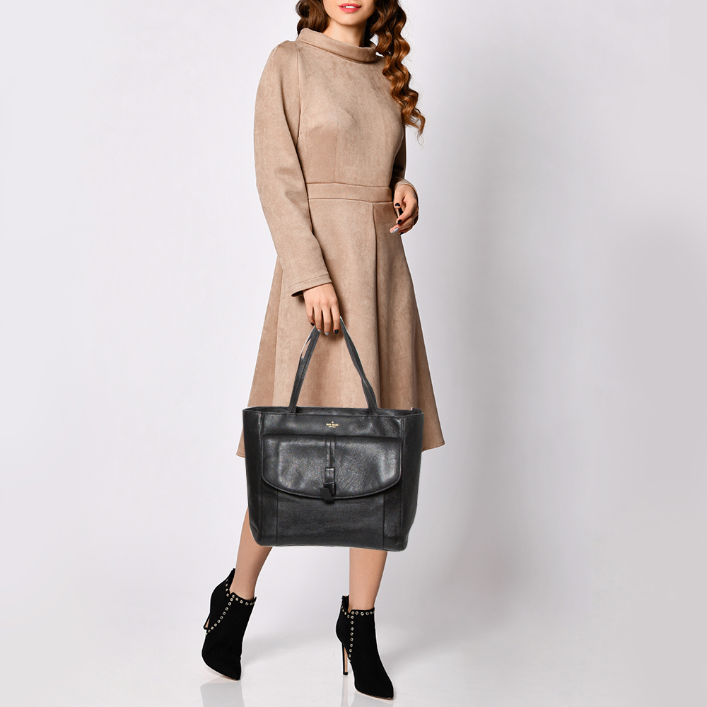 

Kate Spade Black Leather Front Flap Pocket Bow Tote