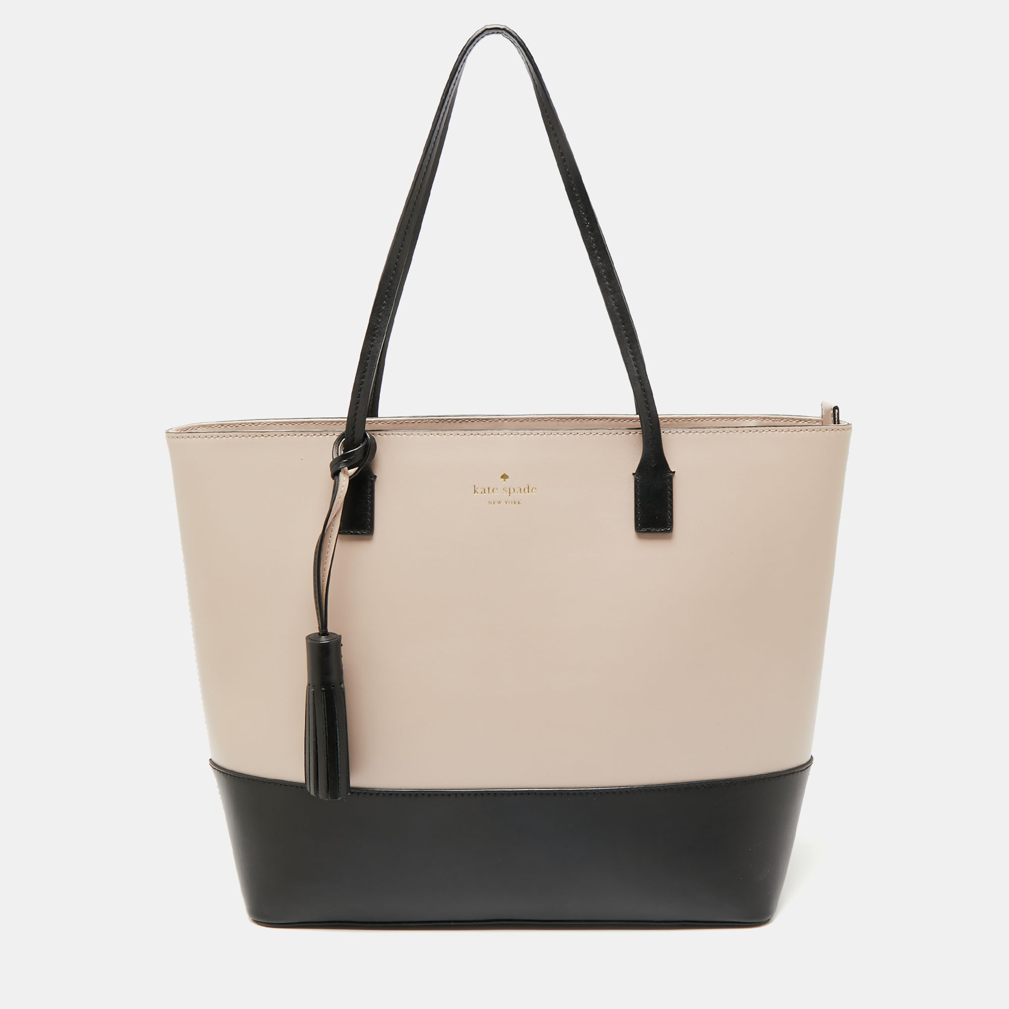 Pre-owned Kate Spade Black/pale Pink Leather Wright Place Karla Tassel Tote  | ModeSens