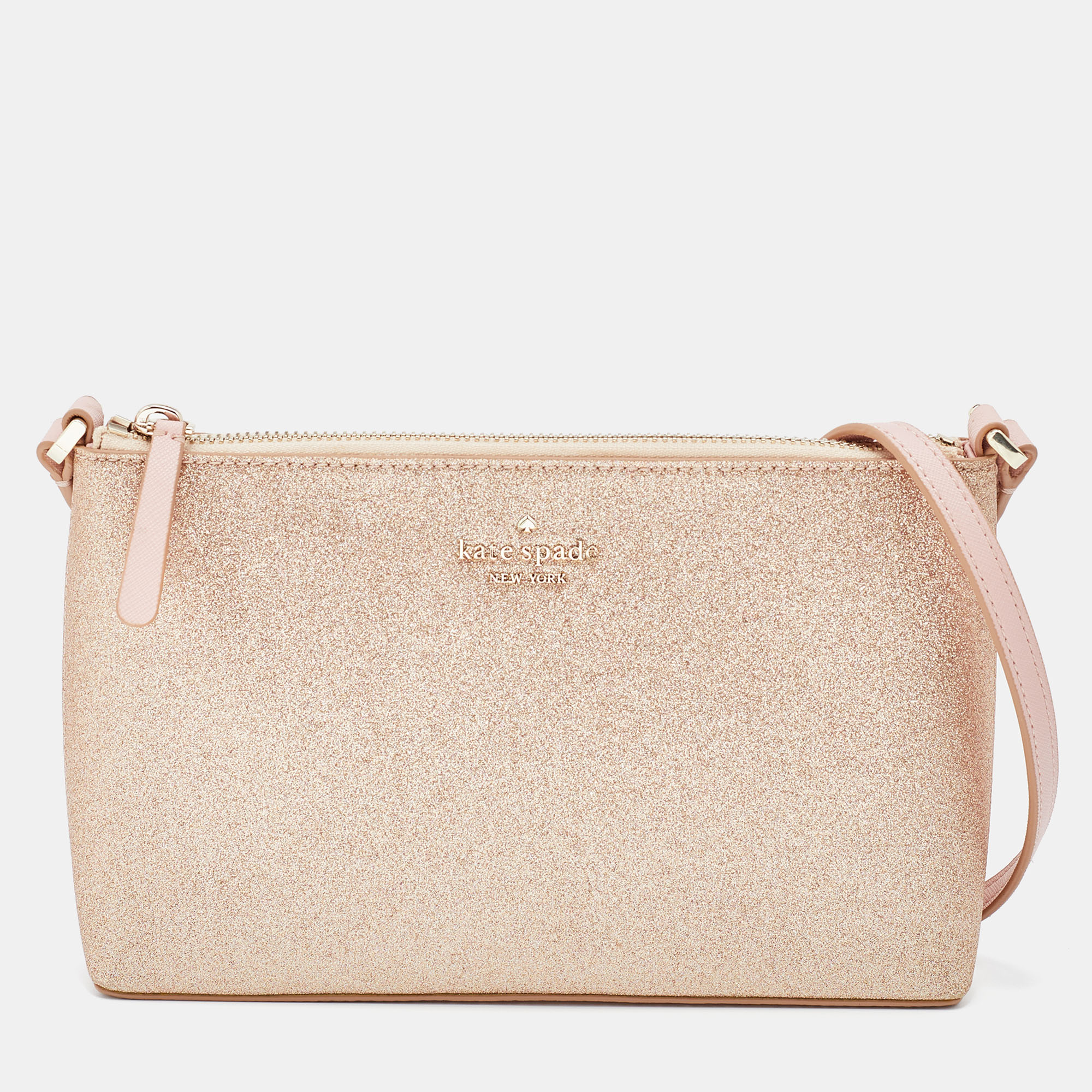 Pre-owned Kate Spade Rose Gold/pink Glitter And Leather Shoulder Bag In Metallic