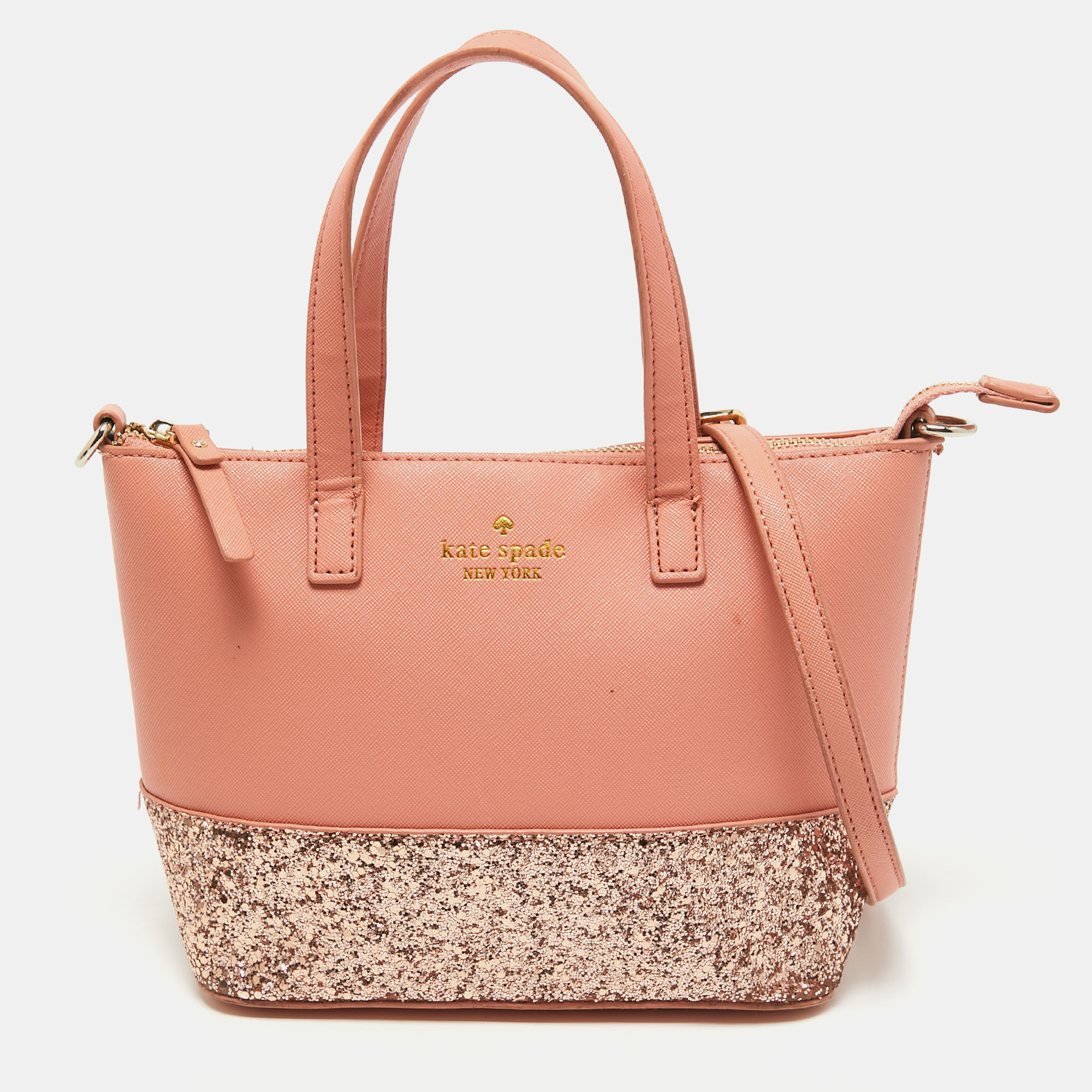 Pre-owned Kate Spade Pink Leather And Glitter Zip Tote