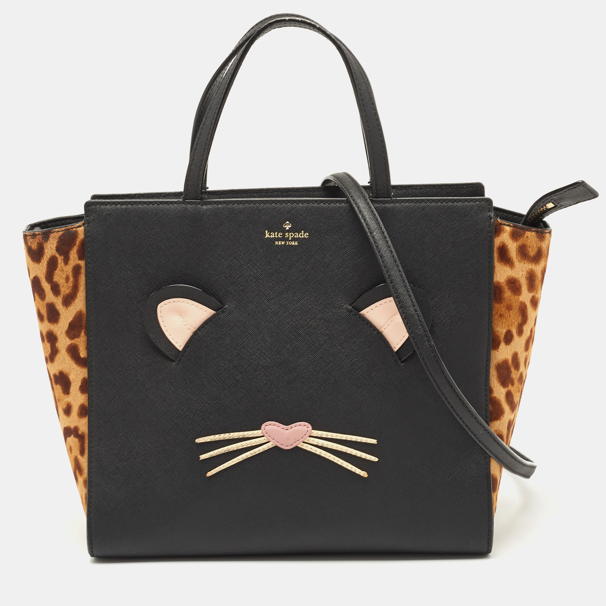Pre-owned Kate Spade Black/beige Leopard Calfhair And Leather Run Wild Hayden Tote