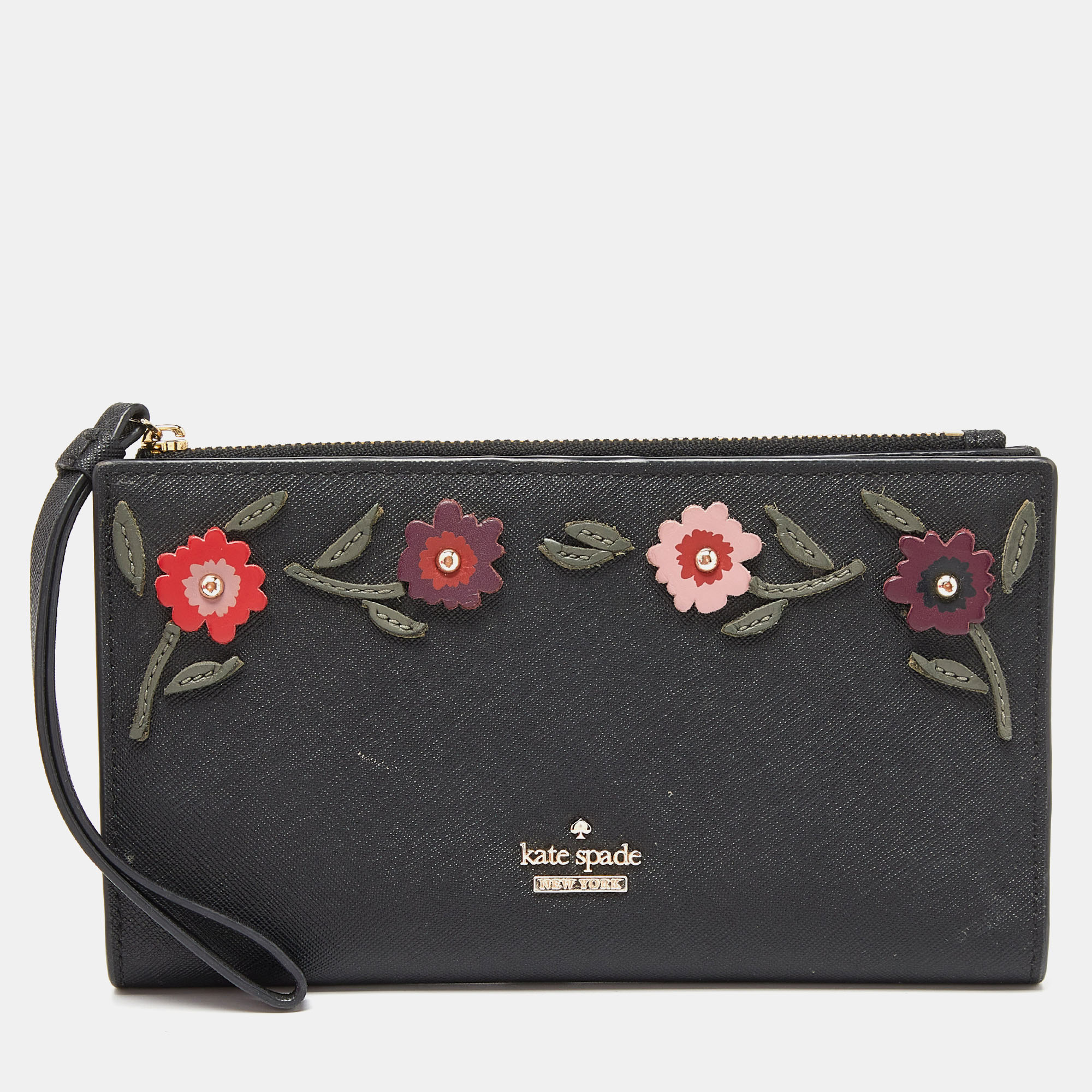 Pre-owned Kate Spade Black Saffiano Leather Spencer Bifold Wristlet Wallet