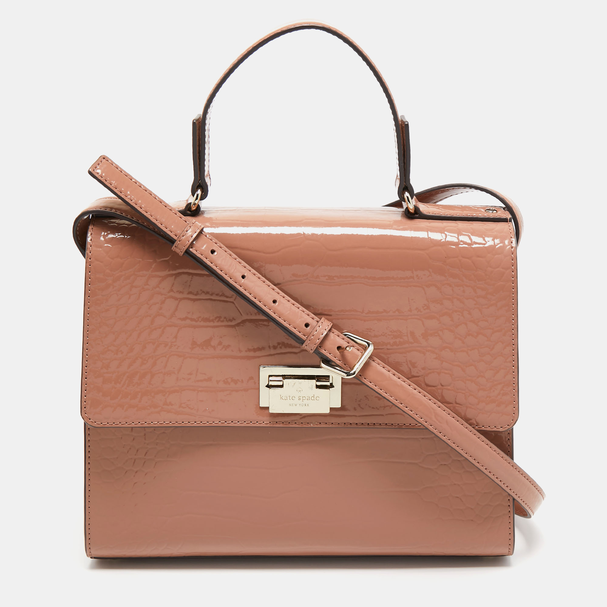 Pre-owned Kate Spade Light Pink Croc Embossed Patent Leather Knightsbridge Doris Top Handle Bag