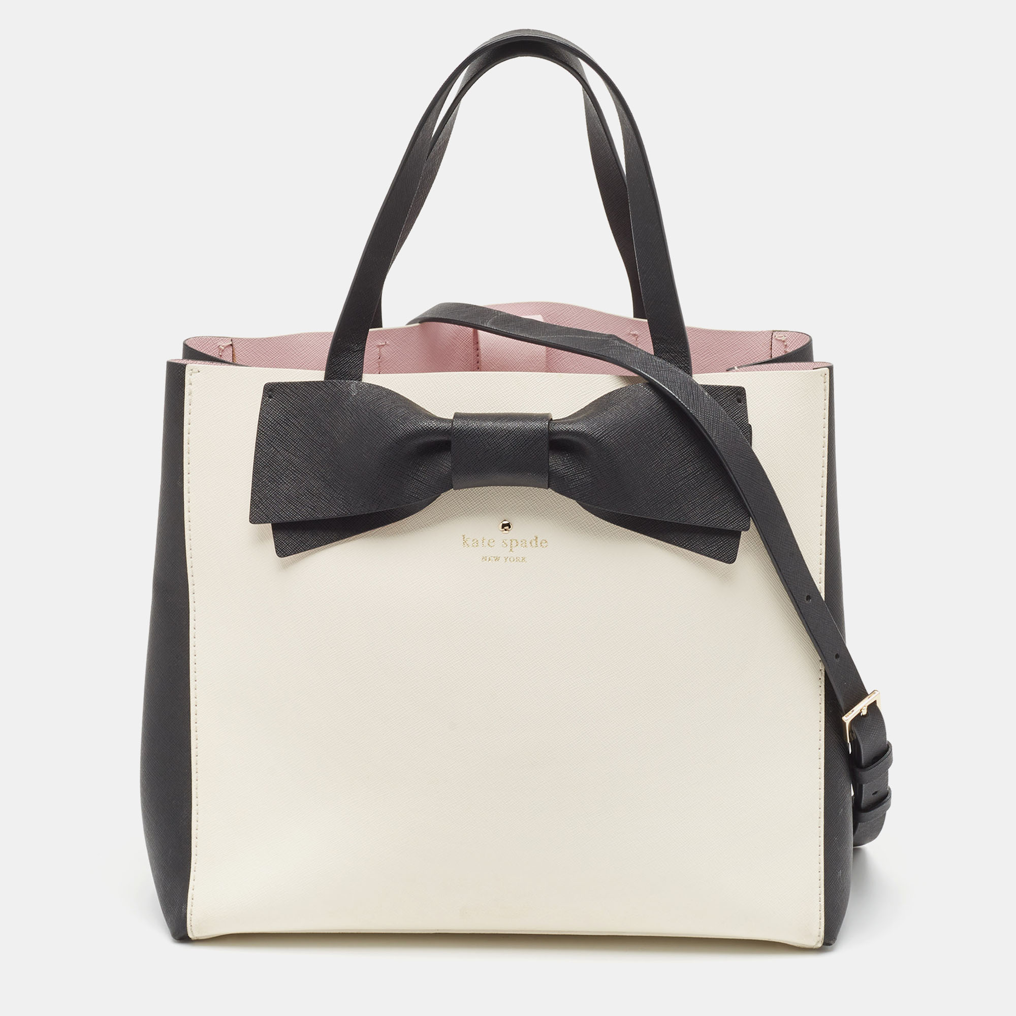 Pre-owned Kate Spade Black/white Leather Bow Tote