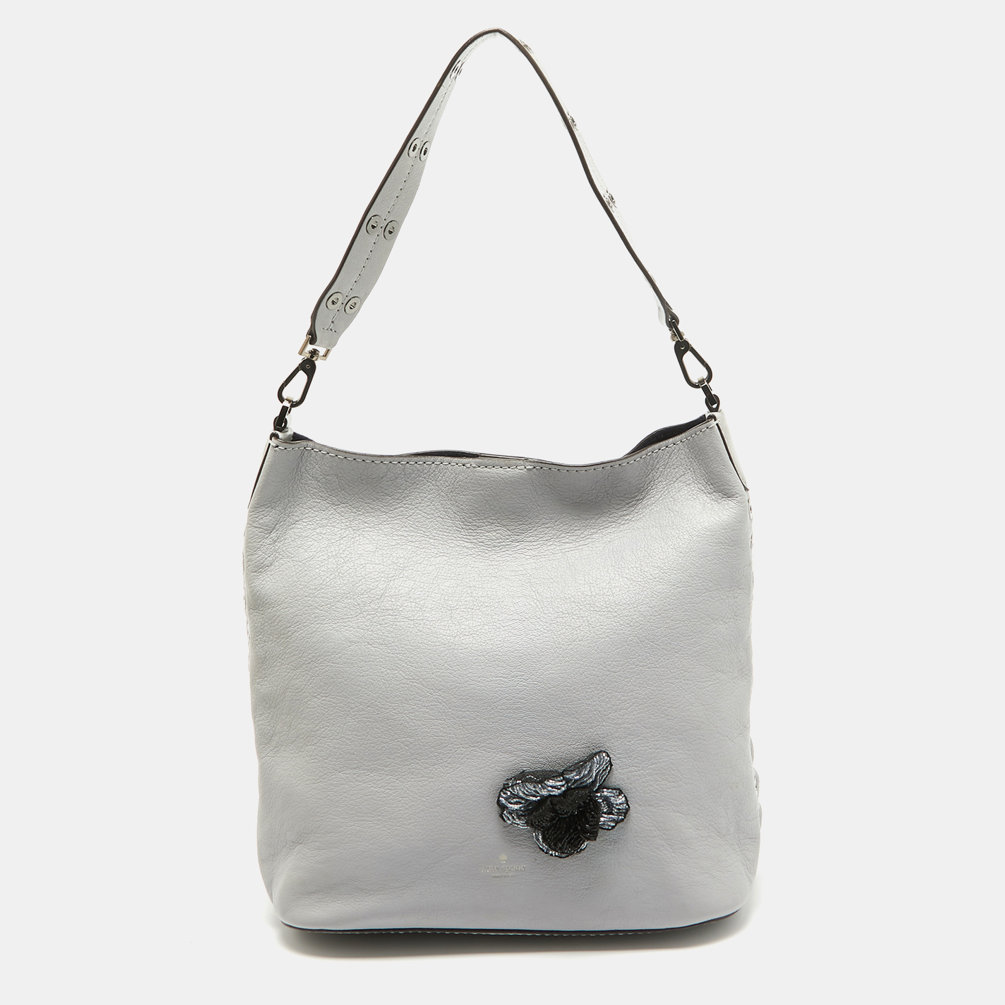 

Kate Spade Grey Floral Applique Leather Atlantic Avenue Libby Bucket Bag