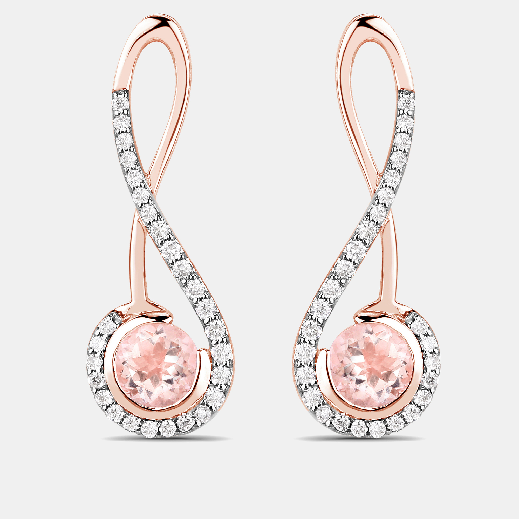 Click to view more detailed imagery on our partner's website Pre-owned Keesh Jewels 1.00 Cts Morganite And Diamond 14k Rose Gold Infinity Earrings