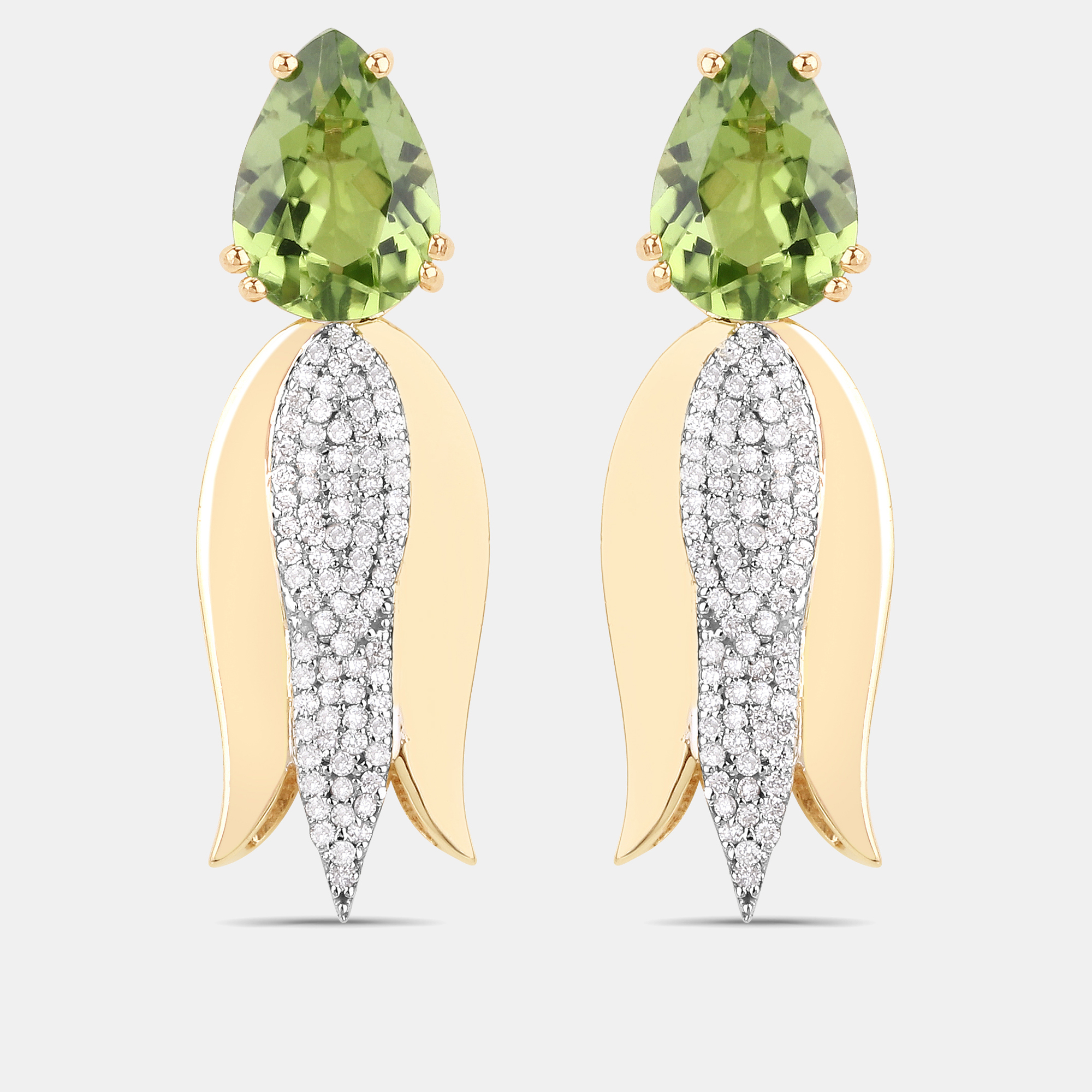 Pre-owned Keesh Jewels 4.02 Cts Peridot And Diamond 14k Yellow Gold Tulip Drop Earrings