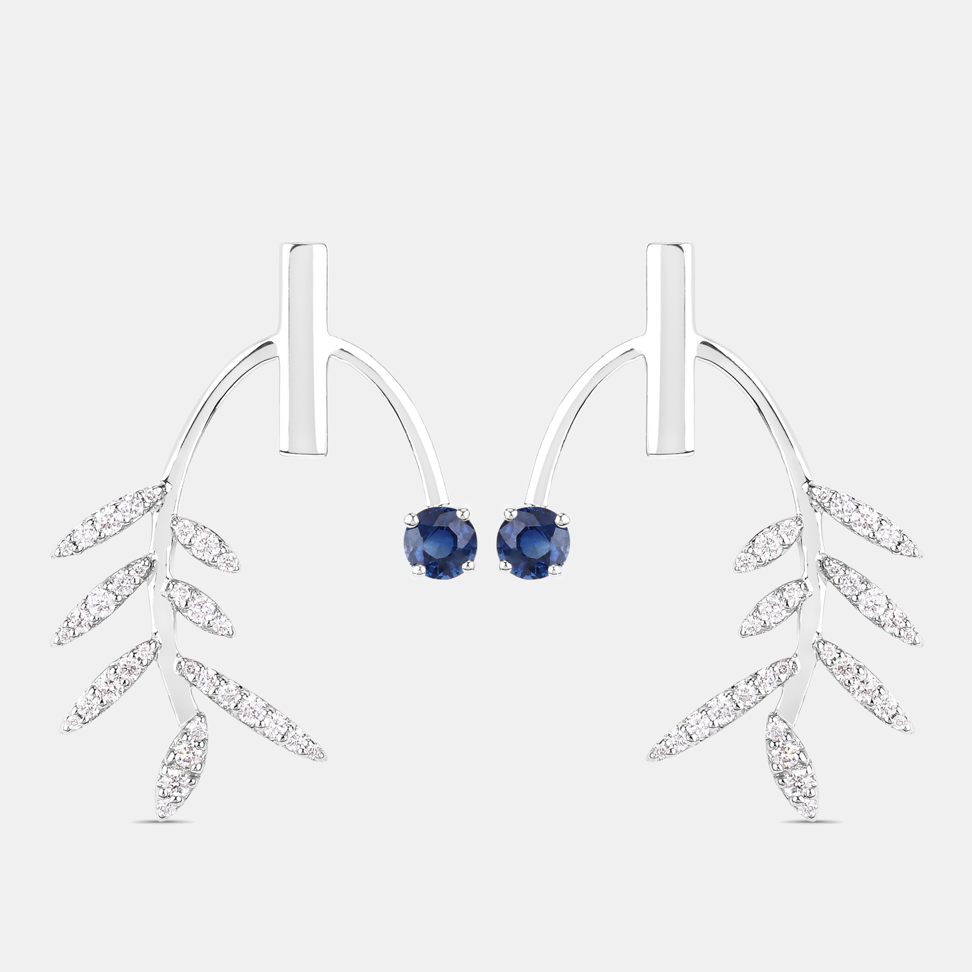 Pre-owned Keesh Jewels 0.75 Cts Blue Sapphire And Diamond 14k White Gold Laurel Vine Earrings