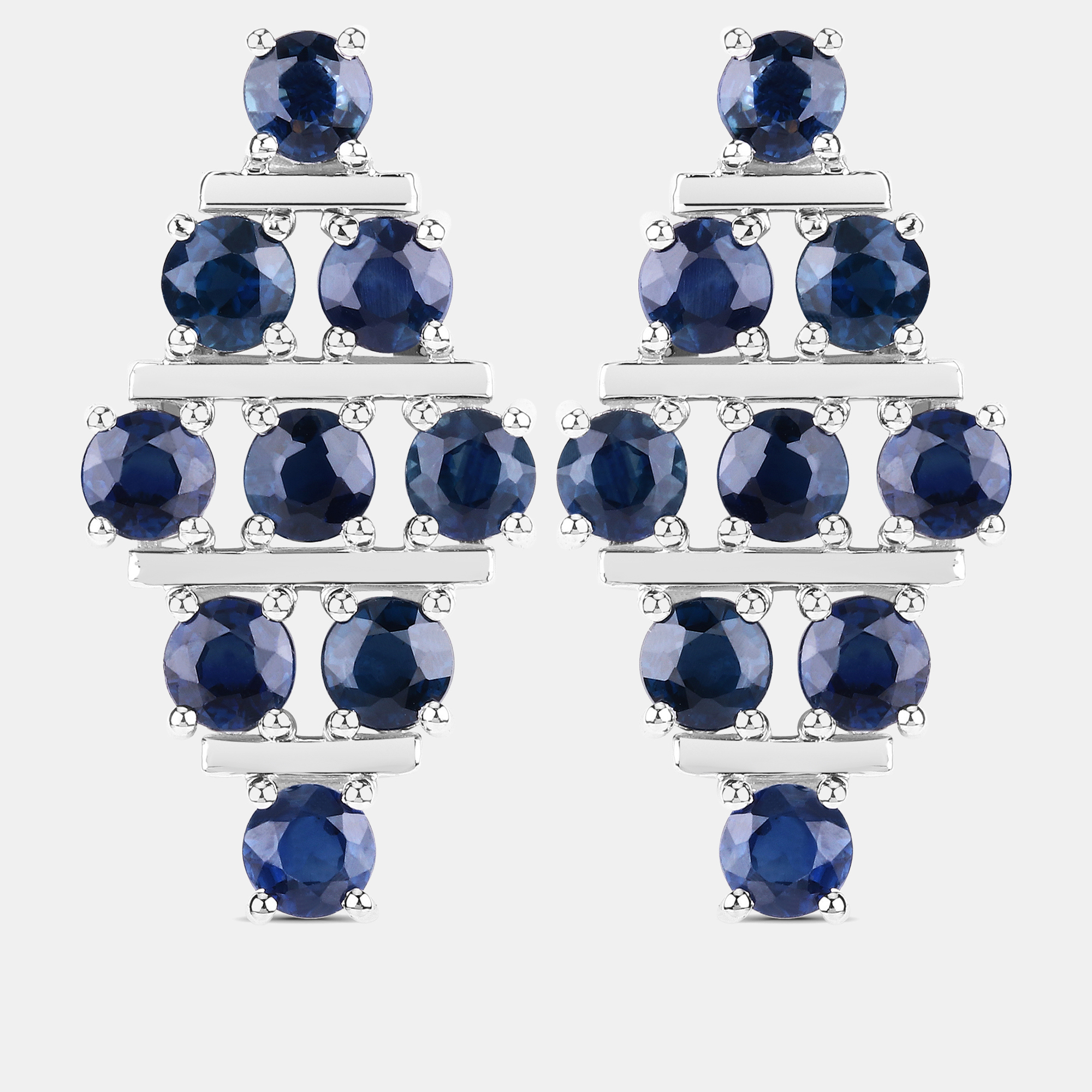 Pre-owned Keesh Jewels 6.41 Cts Blue Sapphire 14k White Gold Multi-row Cluster Earrings