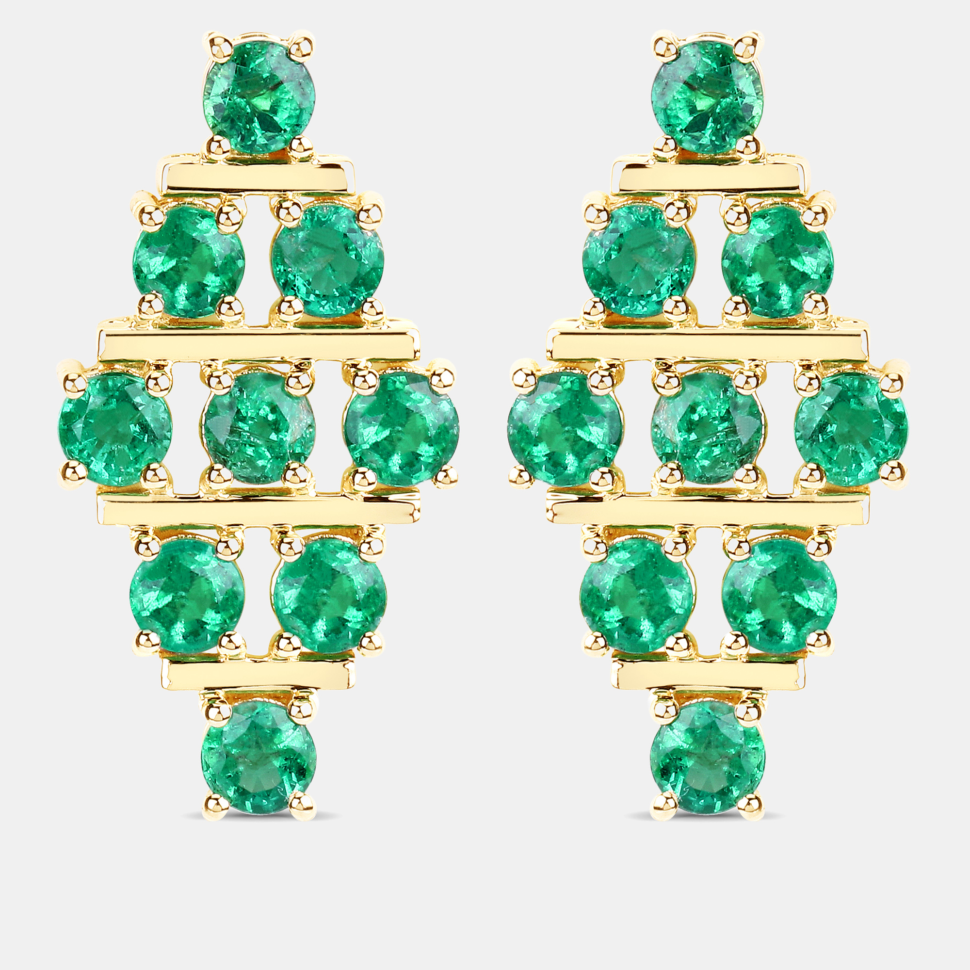 Pre-owned Keesh Jewels 4.45 Cts Emerald 14k Yellow Gold Multi-row Cluster Earrings