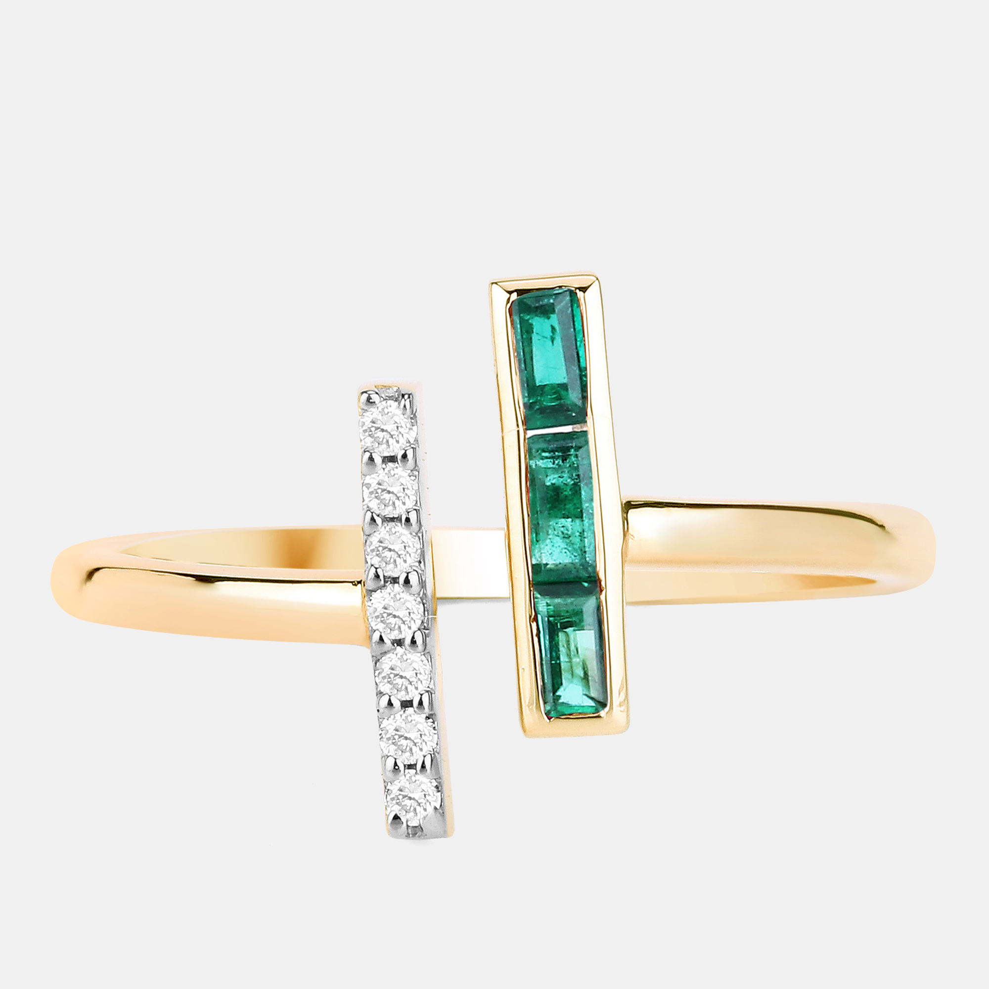 Pre-owned Keesh Jewels 0.18 Cts Emerald And Diamond 14k Yellow Gold Bypass Bar Ring Us Size 7
