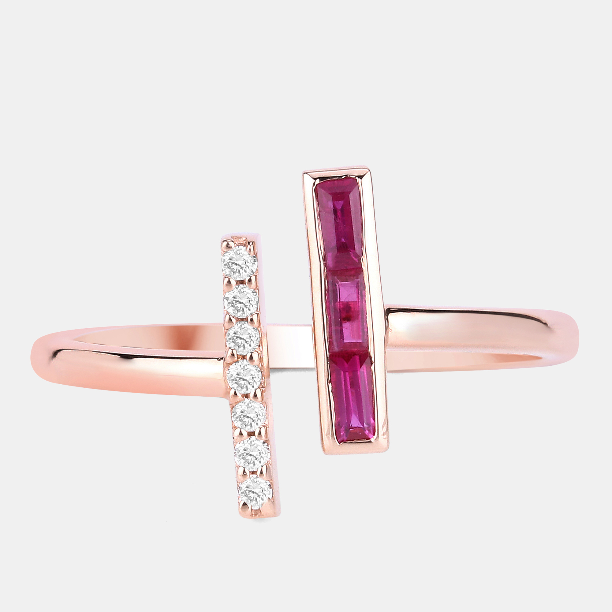 Pre-owned Keesh Jewels 0.15 Cts Ruby And Diamond 14k Rose Gold Bypass Bar Ring Us Size 6.50