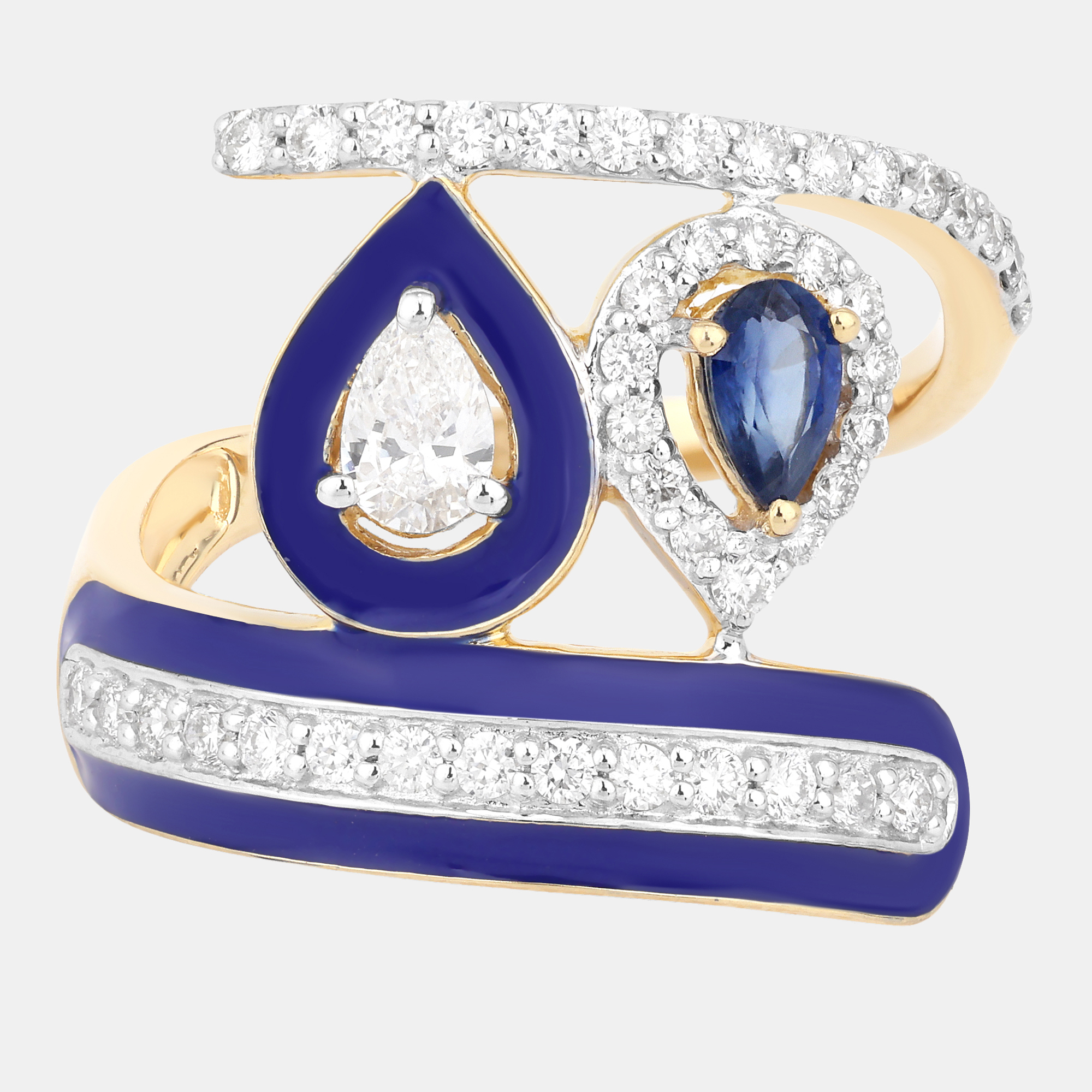 Click to view more detailed imagery on our partner's website Pre-owned Keesh Jewels 0.29 Cts Blue Sapphire And Diamond 14k Yellow Gold Bypass Ring Us Size 7