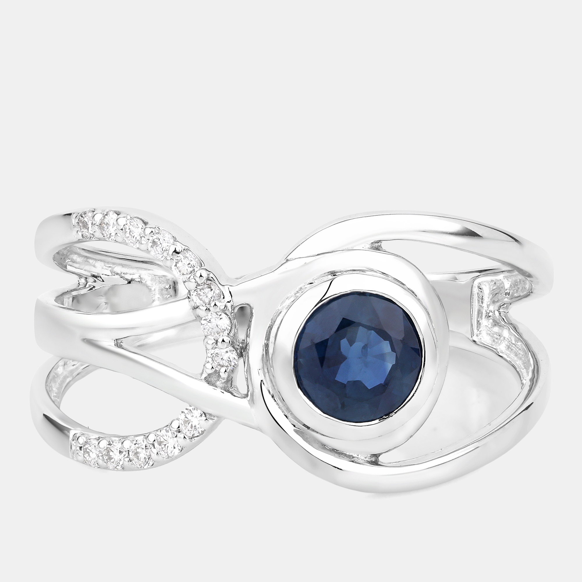 Pre-owned Keesh Jewels 0.68 Cts Blue Sapphire And Diamond 14k White Gold Crossover Ring Us Size 7